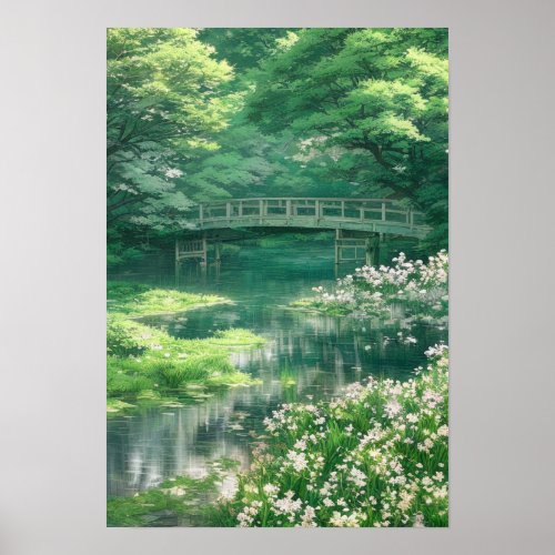 An Old Wooden Bridge in a Green Forest Poster