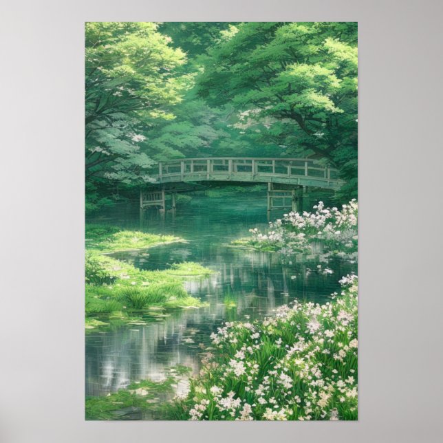 An Old Wooden Bridge in a Green Forest Poster (Front)