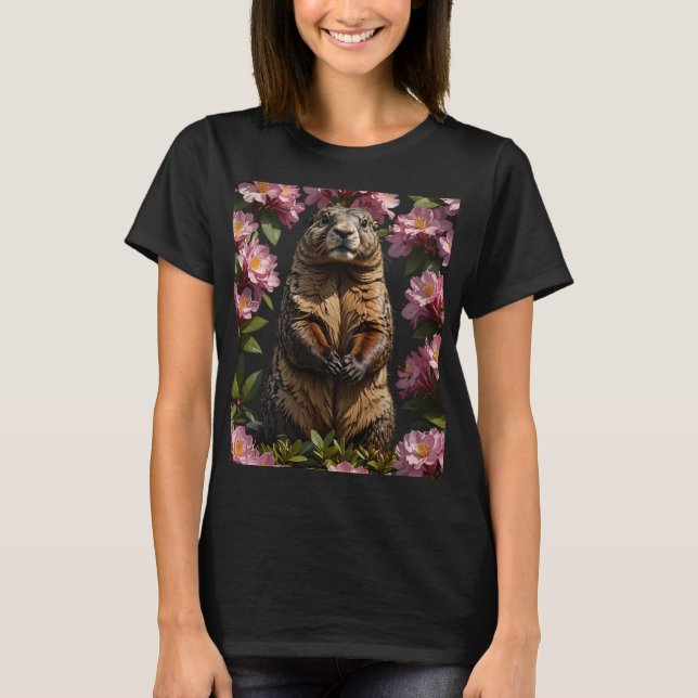 An Olympic Marmot Surrounded By Rhododendron Flowe T-Shirt (Front)