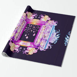 An open vintage window with pendants against a bac wrapping paper