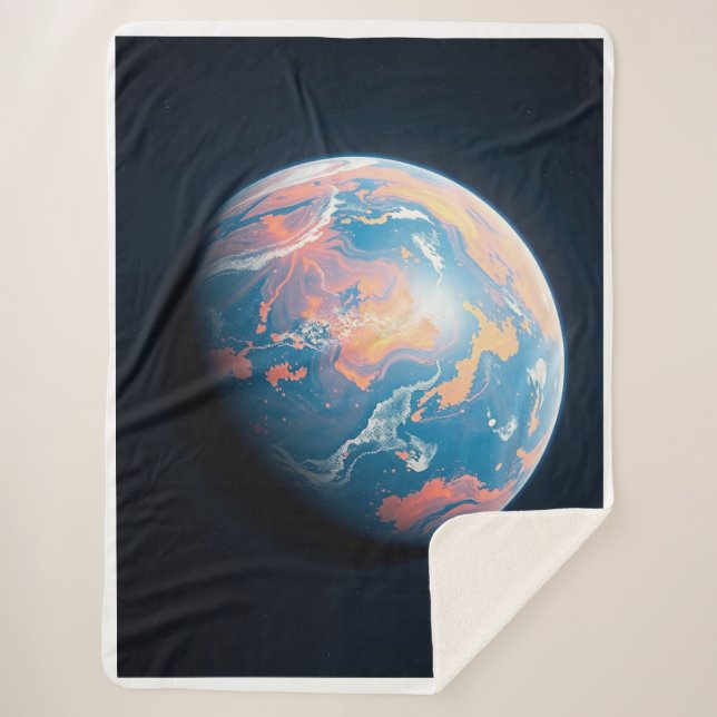 An Orange and Blue Planet Sherpa Blanket (Front)