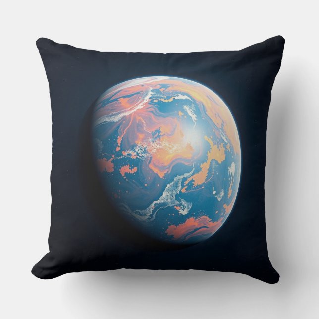 An Orange and Blue Planet Throw Pillow (Front)
