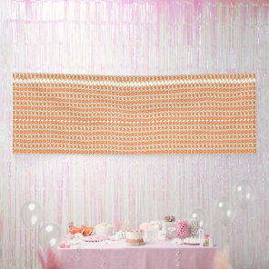 an orange and white striped background with small banner