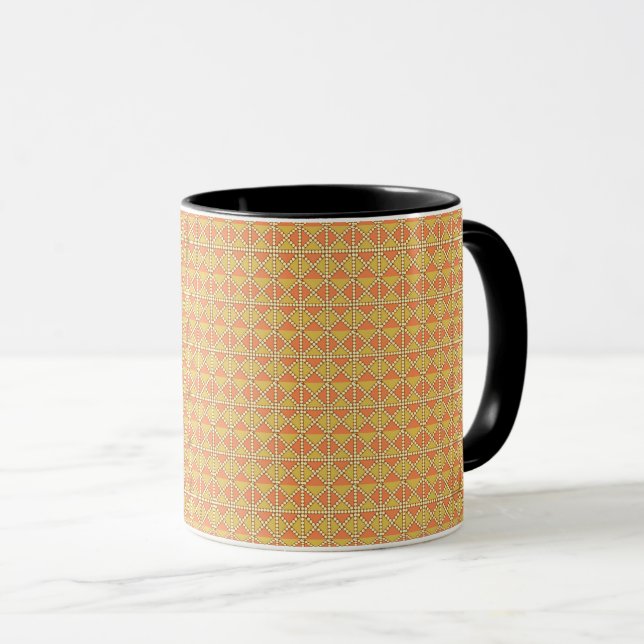 an orange and yellow background with a pattern mug (Front Right)