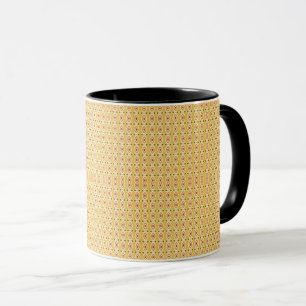 an orange and yellow background with circles mug
