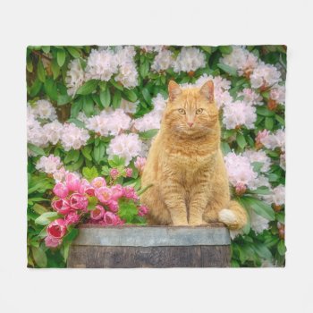An Orange Cat In A Garden With Pink Spring Flowers Fleece Blanket by Kathom_Photo at Zazzle