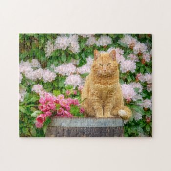 An Orange Cat In A Garden With Pink Spring Flowers Jigsaw Puzzle by Kathom_Photo at Zazzle