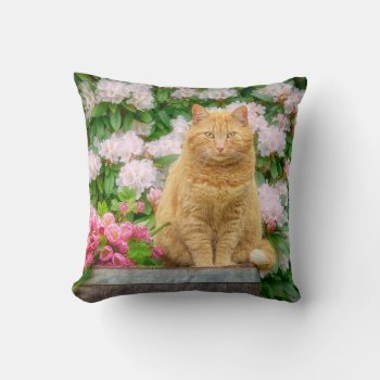 An Orange Cat In A Garden With Pink Spring Flowers Throw Pillow by Kathom_Photo at Zazzle