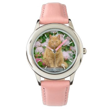 An Orange Cat In A Garden With Pink Spring Flowers Watch by Kathom_Photo at Zazzle