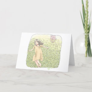 an orange dress woman who runs away from rabbits c thank you card