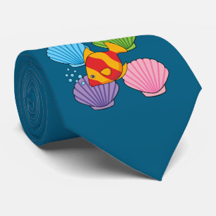 An Orange Tropical Fish and Pastel Colorful Shells Neck Tie