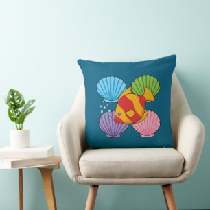 An Orange Tropical Fish and Pastel Colorful Shells Throw Pillow