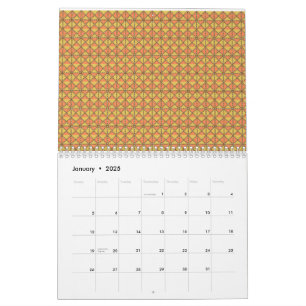 An orange, yellow, and brown symmetrical pattern w calendar