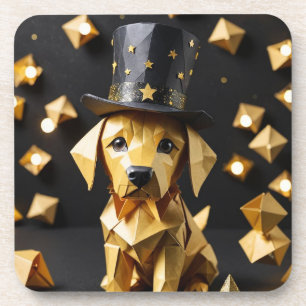 An origami mini golden retriever beverage coaster