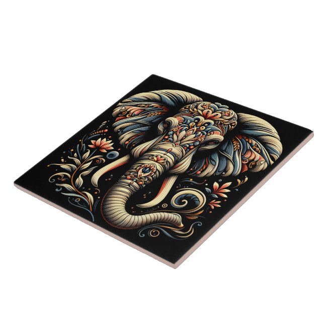 An ornate elephant adorned with intricate patterns ceramic tile (Side)
