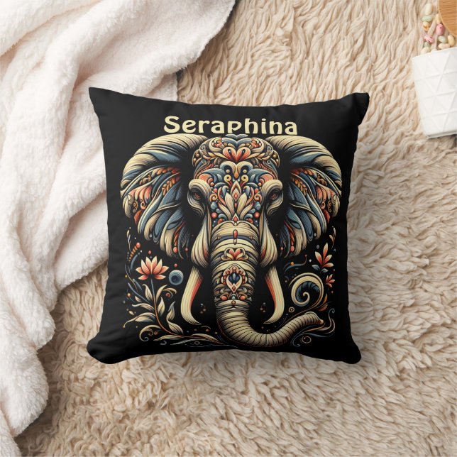 An ornate elephant adorned with intricate patterns throw pillow (Blanket)