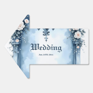 An ornate light blue archway with floral accents,  sign