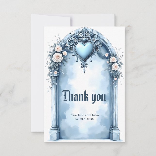 An ornate light blue archway with floral accents,  thank you card (Front)