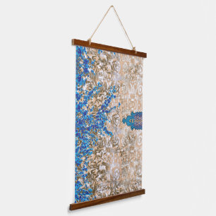 An ornate paisley motif in blue and brown, display hanging tapestry