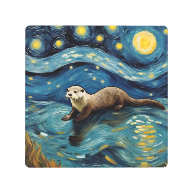 An Otter in the Starry Night Sea Metal Print (Front)