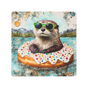 An Otter on Vacation in a Floating Donut Metal Print