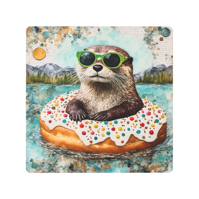 An Otter on Vacation in a Floating Donut Metal Print (Front)