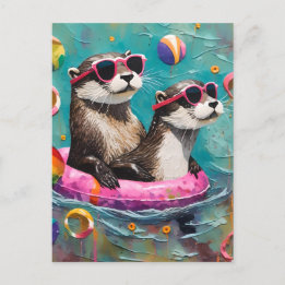 An Otter Pair on Vacation in a Floating Ring Postcard