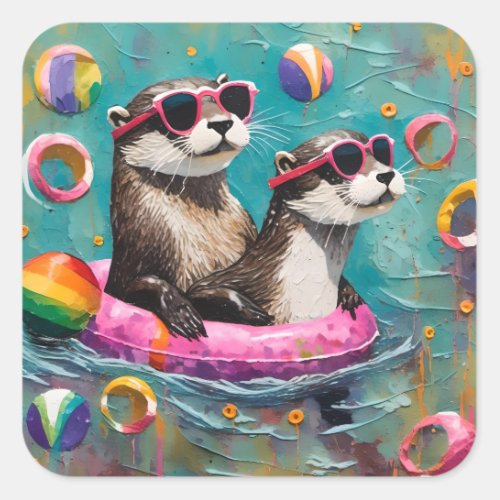 An Otter Pair on Vacation in a Floating Ring Square Sticker