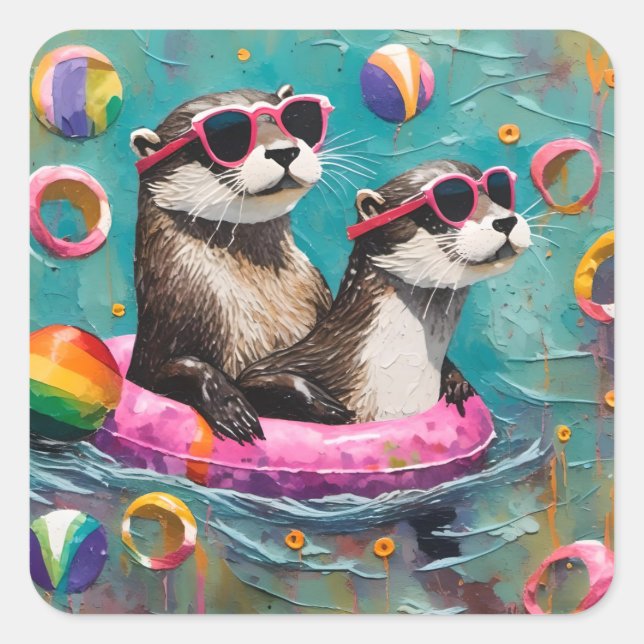 An Otter Pair on Vacation in a Floating Ring Square Sticker (Front)
