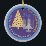 An Our 1st Chrismukkah Photo Tree Menorah Keepsake Ceramic Ornament<br><div class="desc">Personalize this fun OUR 1ST CHRISMUKKAH ornament for a one of a kind family keepsake. From the simple gold Christmas tree to the silver Hanukkah menorah, this blue and purple ornament will commemorate your first blended holiday. Upload your photo on the reverse side and add your name and the year...</div>