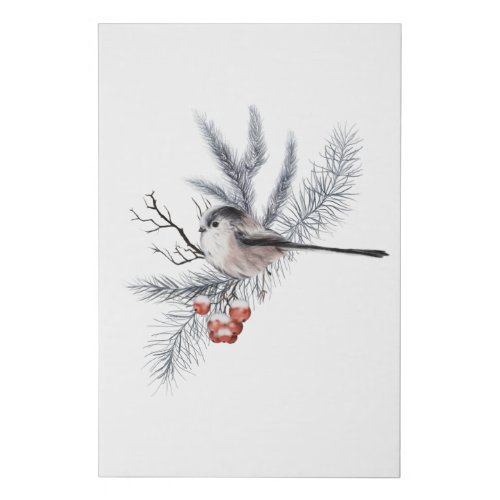 An owl perched on a branch during winter faux canvas print