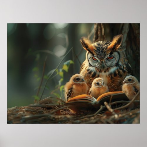 An owl reading a book to little chicks poster