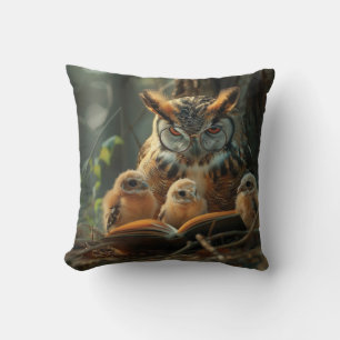 An owl reading a book to little chicks throw pillow