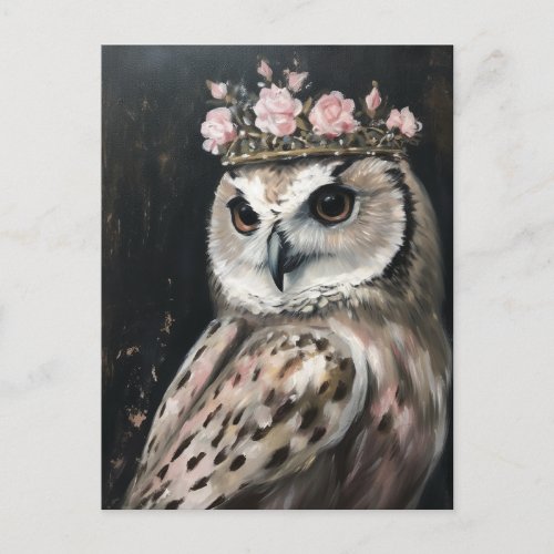 An owl with a crown and pink roses postcard