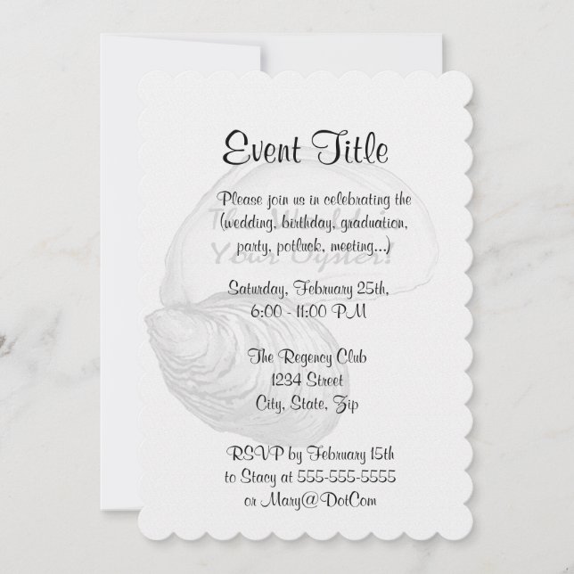 An oyster shell with the saying "the world is your invitation (Front)