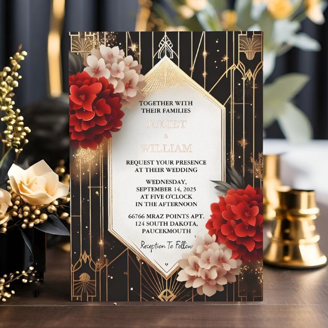An Roses Garden Diamond Red Black And Gold Wedding Foil Invitation (Creator Uploaded)