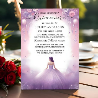 An Royal Gold Tiara Lilac Light Purple Quinceanera Invitation