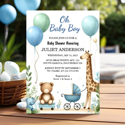 An Soft Boho Bear Blue Cub Welcome Baby Boy Shower Invitation