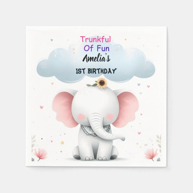An Wood White Elephant Birthday First 1st Birthday Napkins (Front)