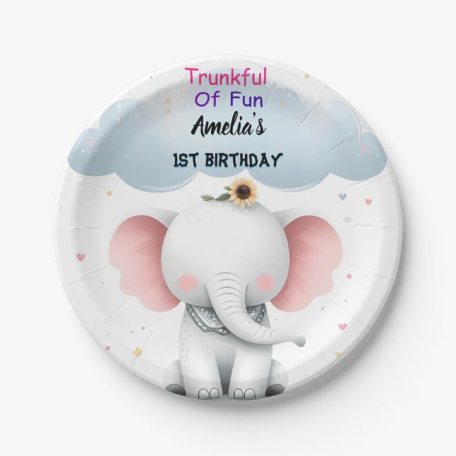 An Wood White Elephant Birthday First 1st Birthday Paper Plates (Front)