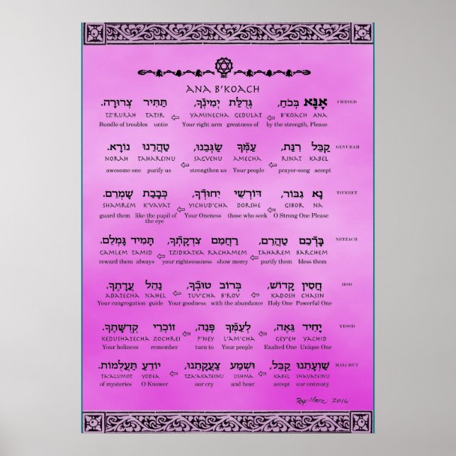 Ana b"Koach ~ Hebrew ~ English ~ Transliteration Poster (Front)