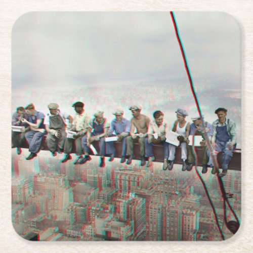 Anaglyph 3D Photo_ Lunch atop Skyscraper New York Square Paper Coaster
