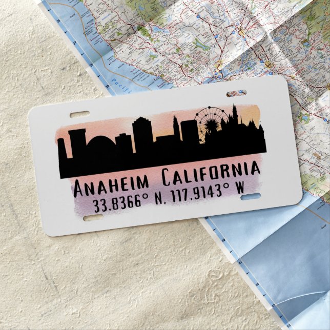 Anaheim Skyline Latitude and Longitude  License Plate (In Situ)