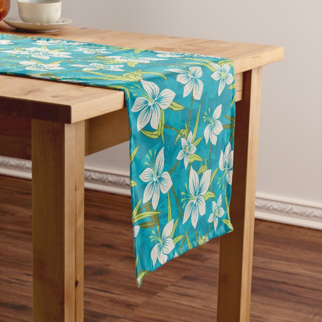 Anaina Hou Hawaiian Tropical Floral Short Table Runner (In Situ)