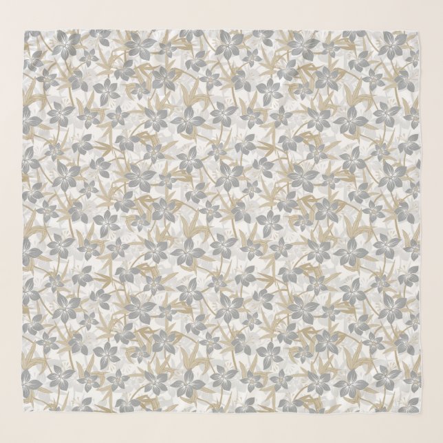 Anaina Hou Hawaiian Tropical Floral Silver Scarf (Front)