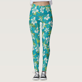 Anaina Hou Hawaiian Tropical Floral Teal Leggings