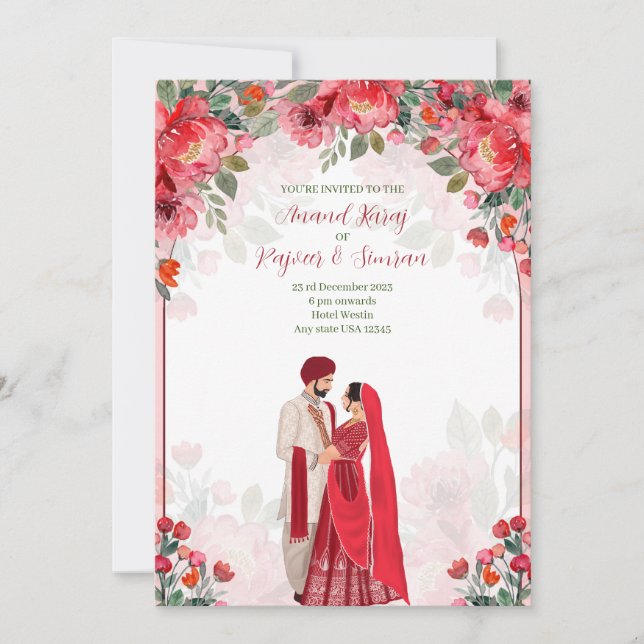 Anand Karaj Invites, Sikh wedding Invite (Front)