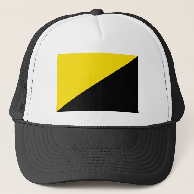 Anarcho capitalism flag anarchy symbol black yello trucker hat (Front)