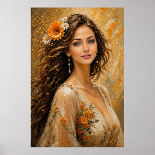 Anastasia Golden Bloom – Elegant Floral Portrait W Poster