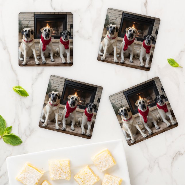 Anatolian Shepherd  by the Fireplace Christmas Coaster Set (In Situ)